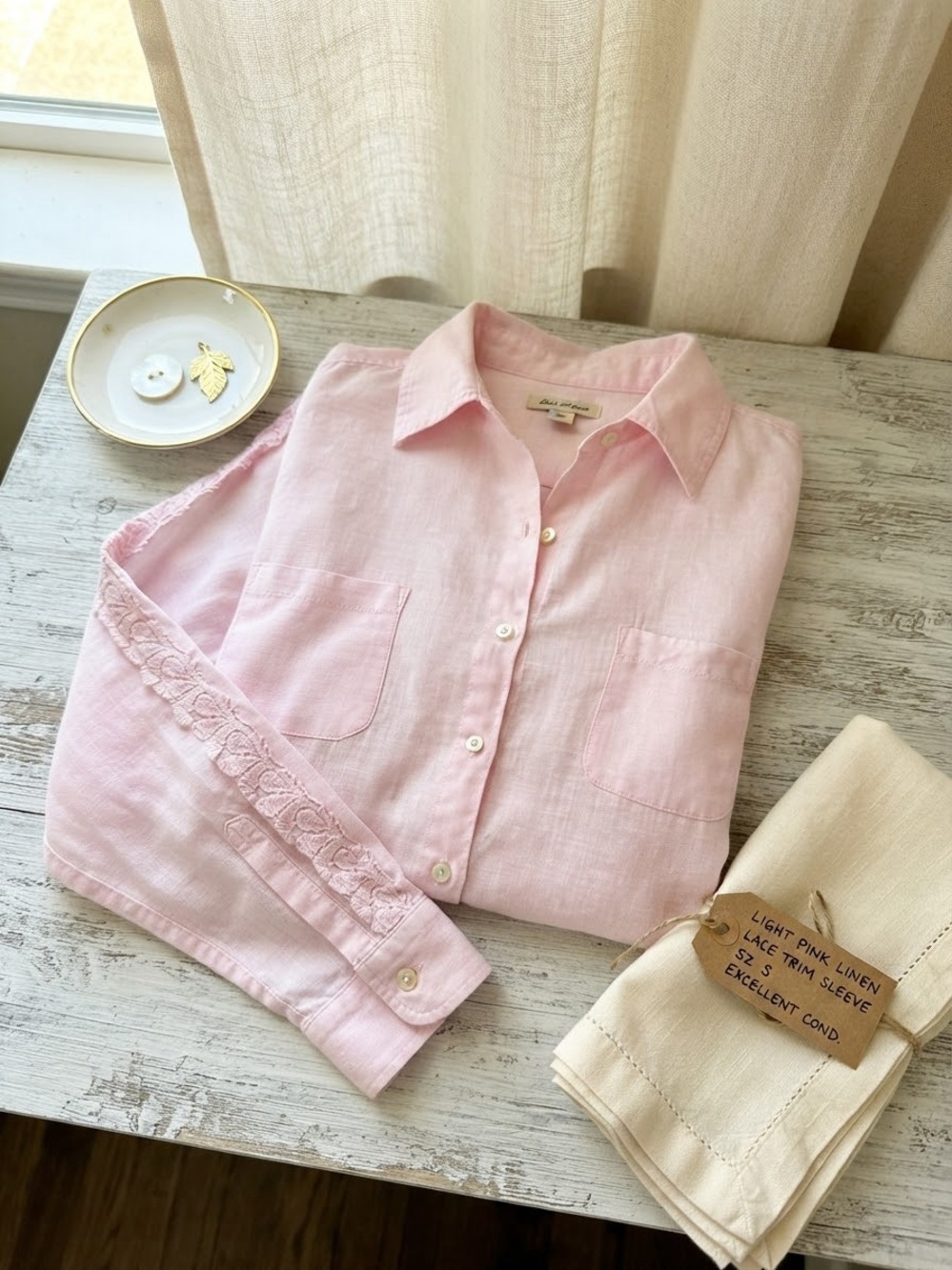Lilly Pulitzer 100% Linen Pink Button-Down Shirt with Lace Sleeve Detail